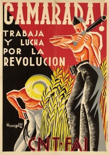 The image shows a Spanish propaganda poster for the Cuban Revolution. It features two people, one...