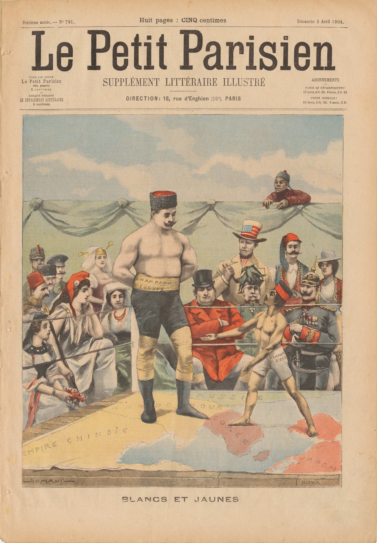The image shows an old newspaper with a picture of a man in a boxing ring surrounded by a crowd of...