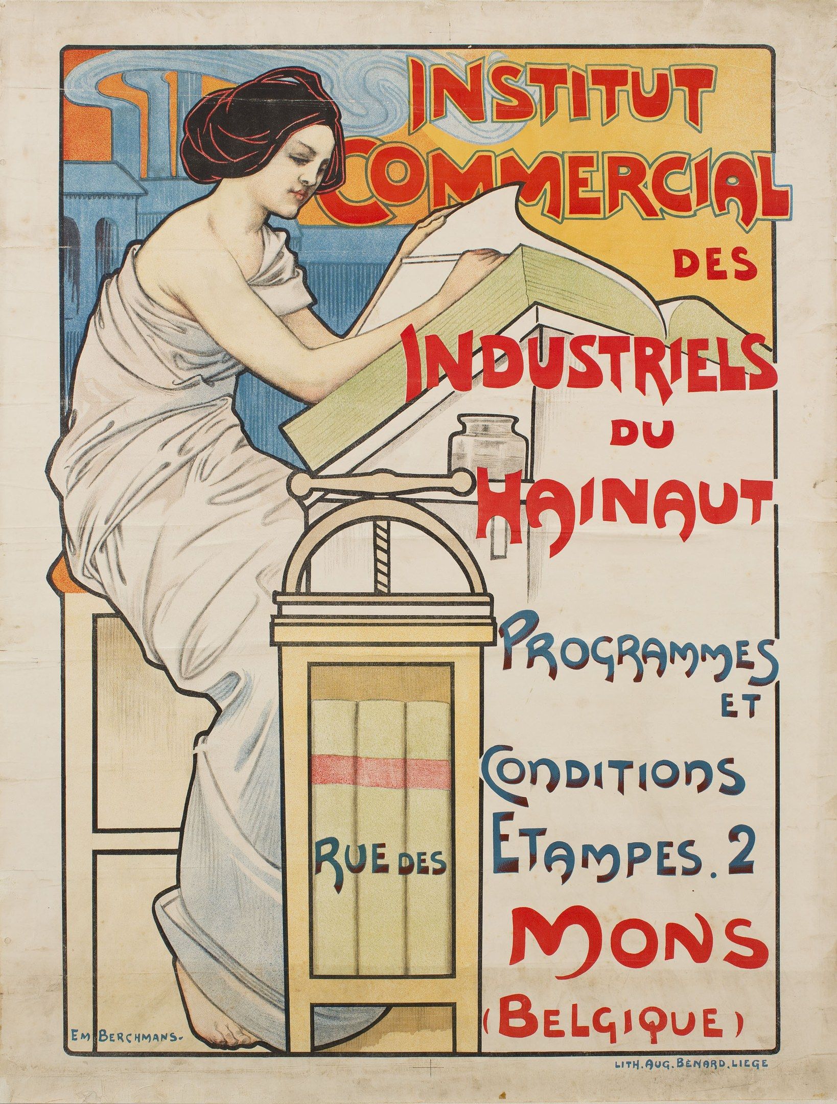 The image shows a poster advertising the Institut Commercial des Industriels du Hainaut, featuring...