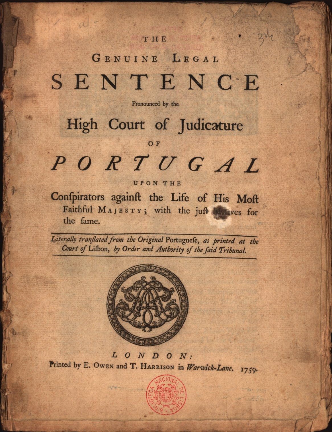 The image shows an old book with a black background and a stamp on it. The text on the paper reads...