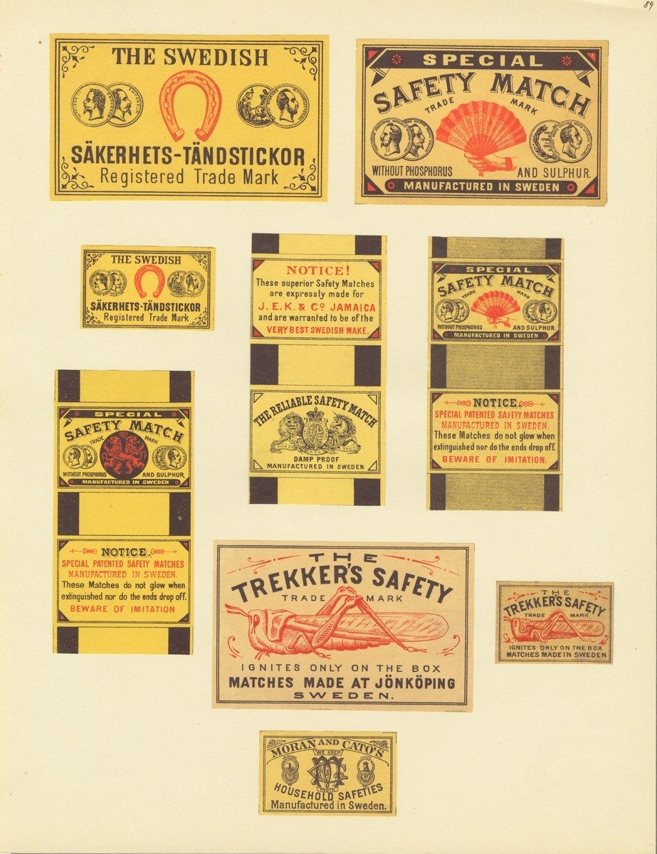 The image shows a paper with a variety of Swedish safety matchboxes, each with text written on...