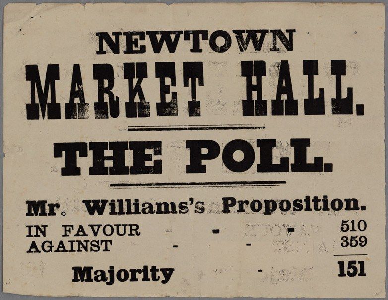 The image shows a paper with the text "Newtown Market Hall, the Poll, Mr. William's Proposition in...