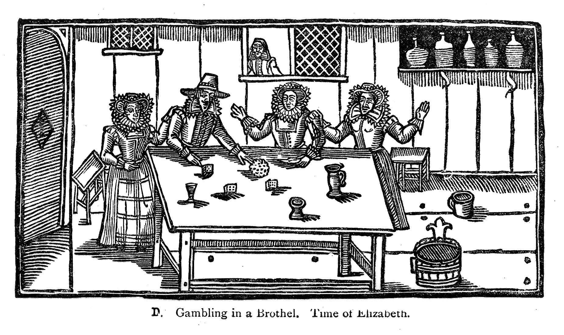 The image shows a black and white drawing of a group of people sitting around a table, playing a...