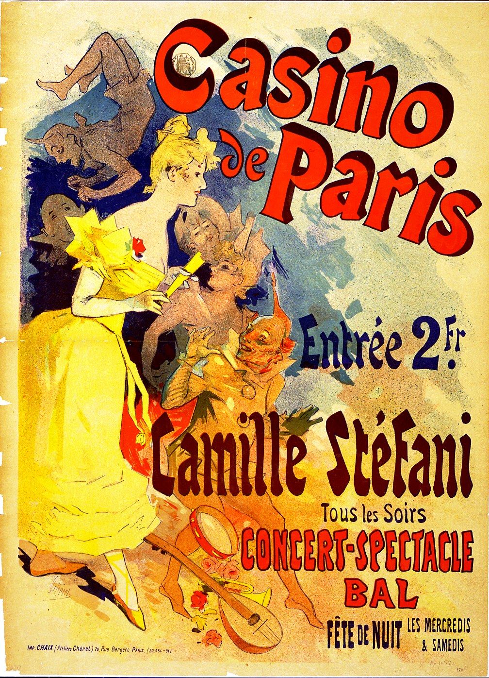 The image shows a poster advertising a casino in Paris, featuring a woman in the center surrounded...
