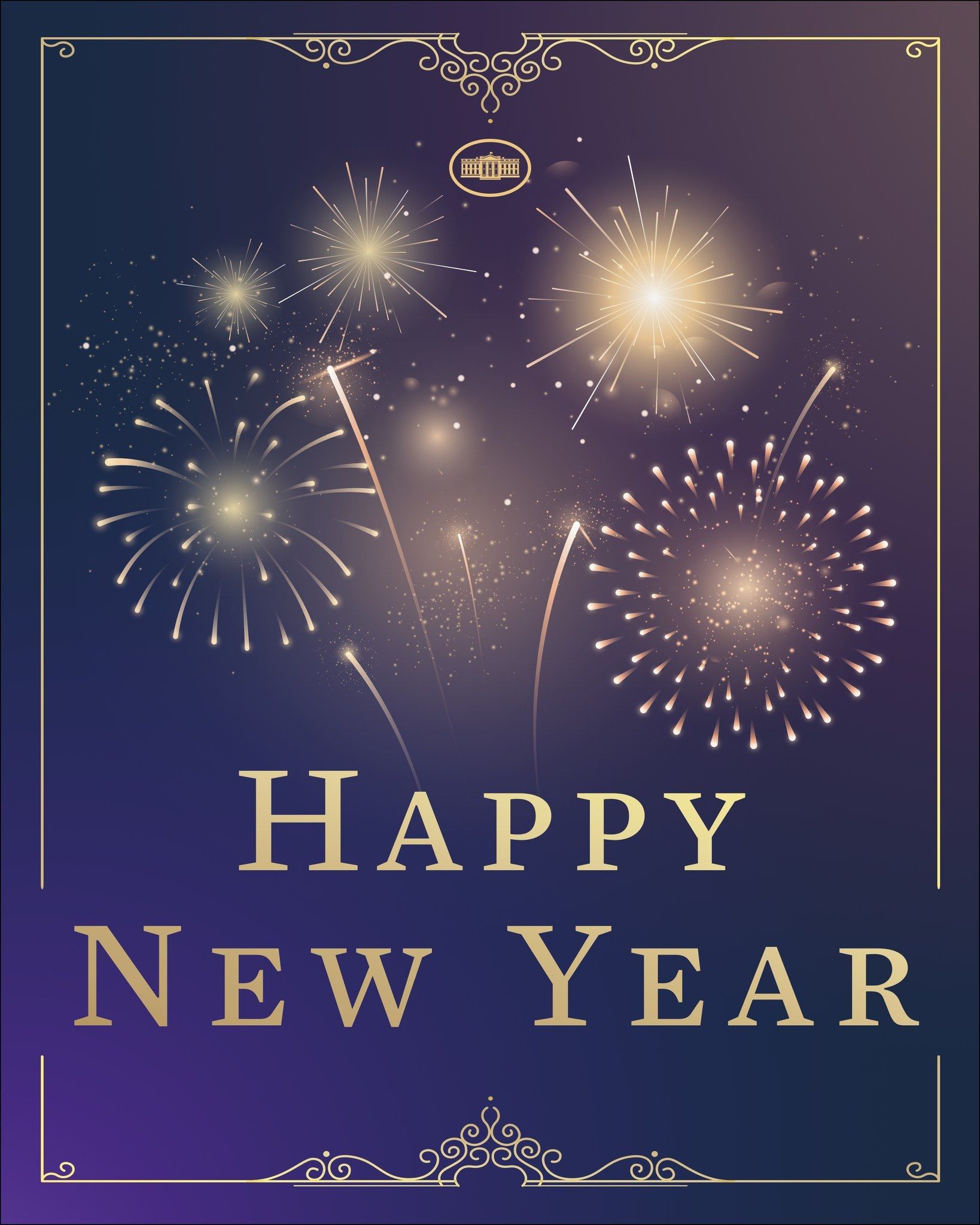 The image shows a happy new year card with fireworks exploding in the background, creating a...