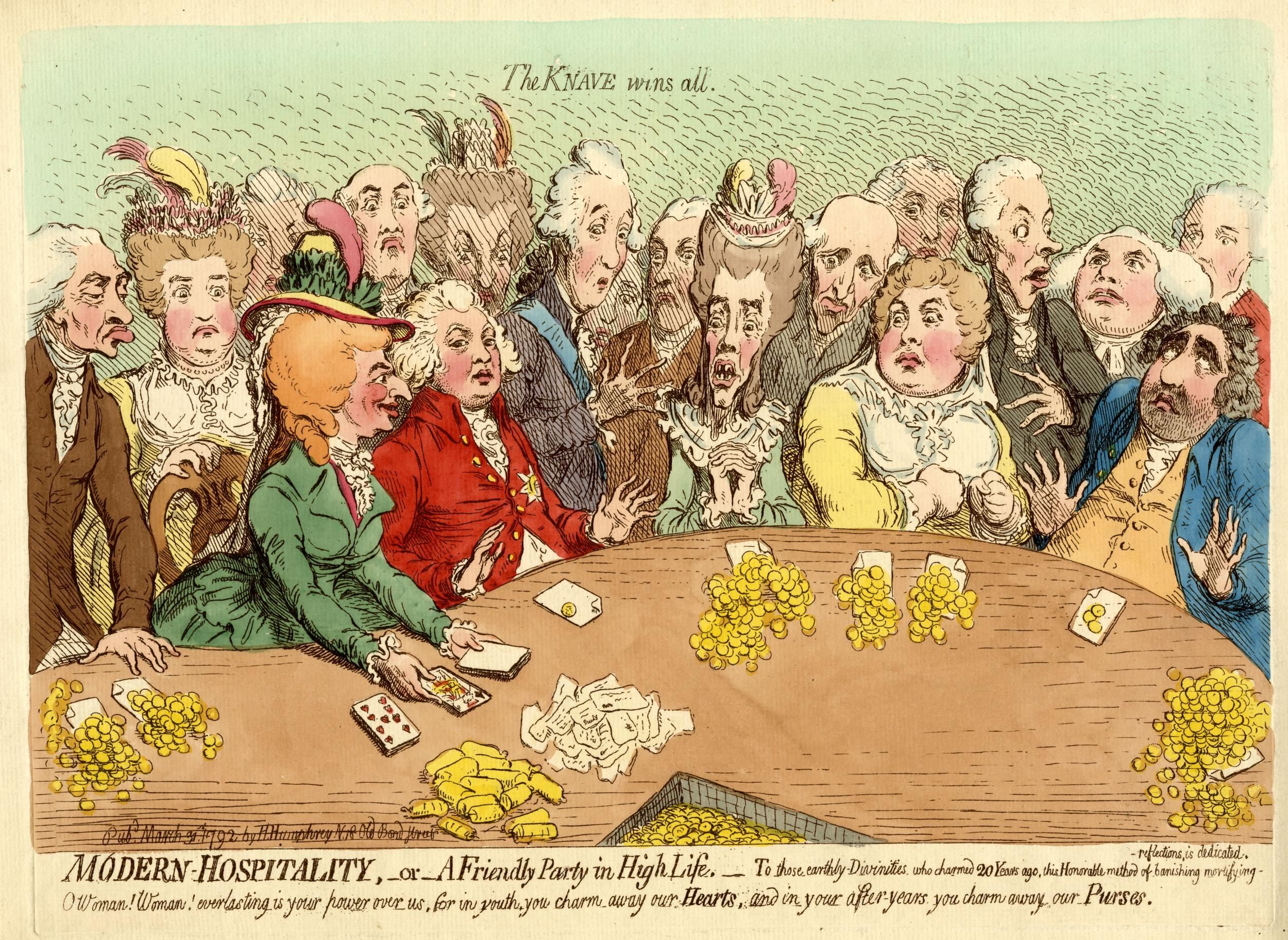 The image shows a cartoon of a group of people sitting around a table playing cards, with coins...