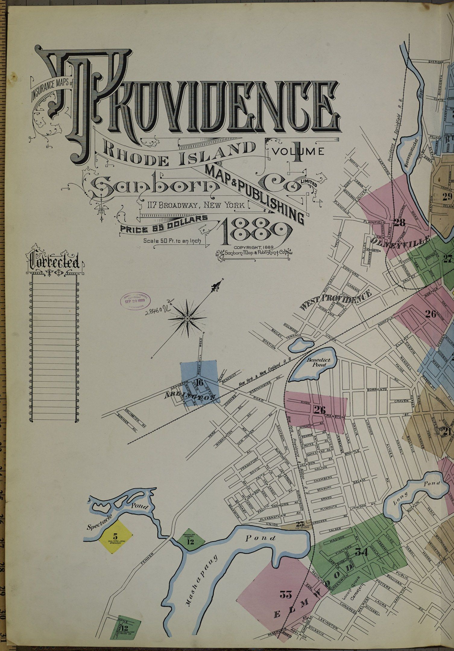 The image shows an old book with a map of Providence, Rhode Island on it. The map is detailed and...