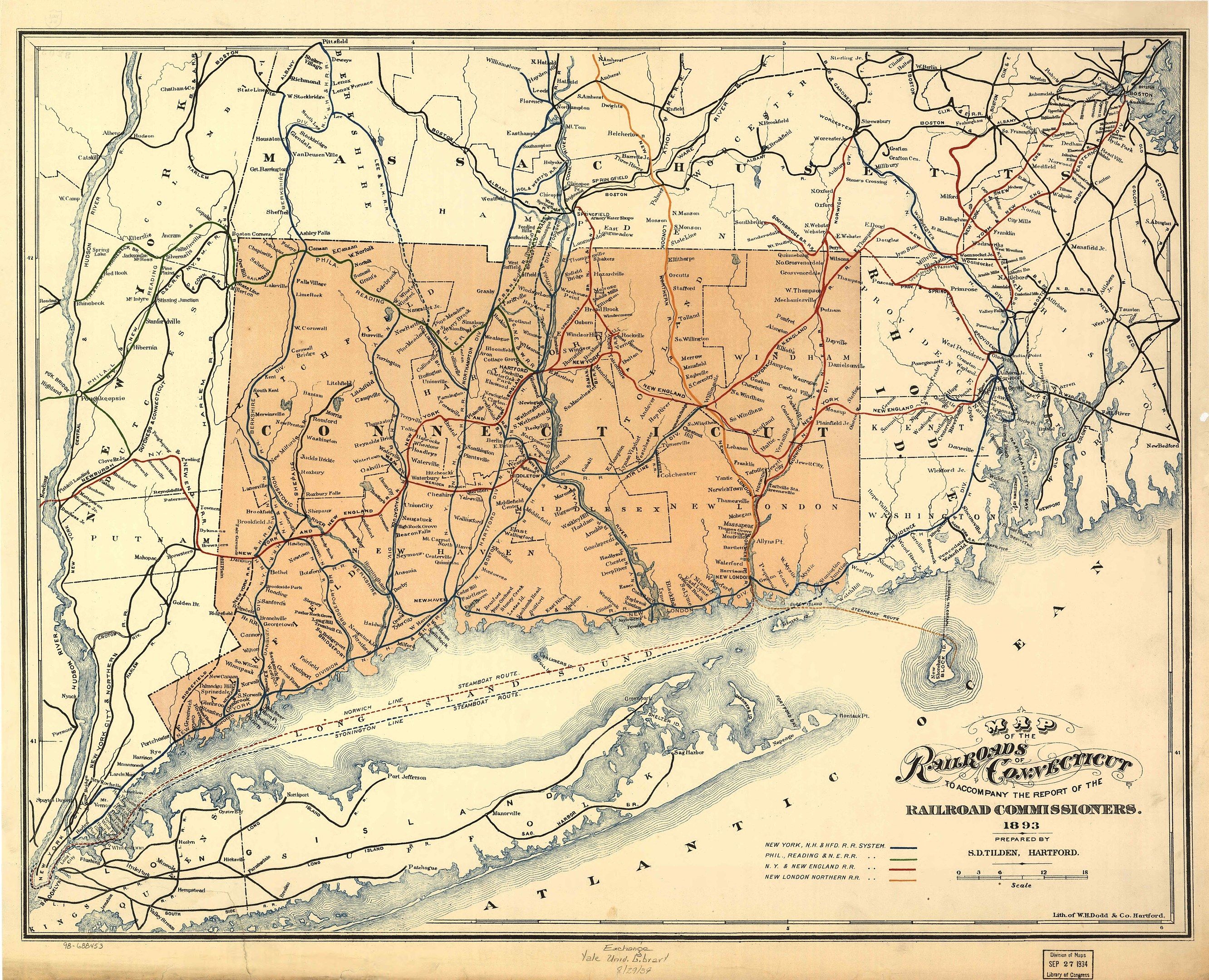 The image shows an old map of the state of Massachusetts from 1853, depicting railroad...