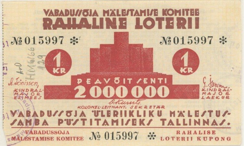 The image shows a rahaline lottery ticket with a picture of a building on it. The ticket has text,...