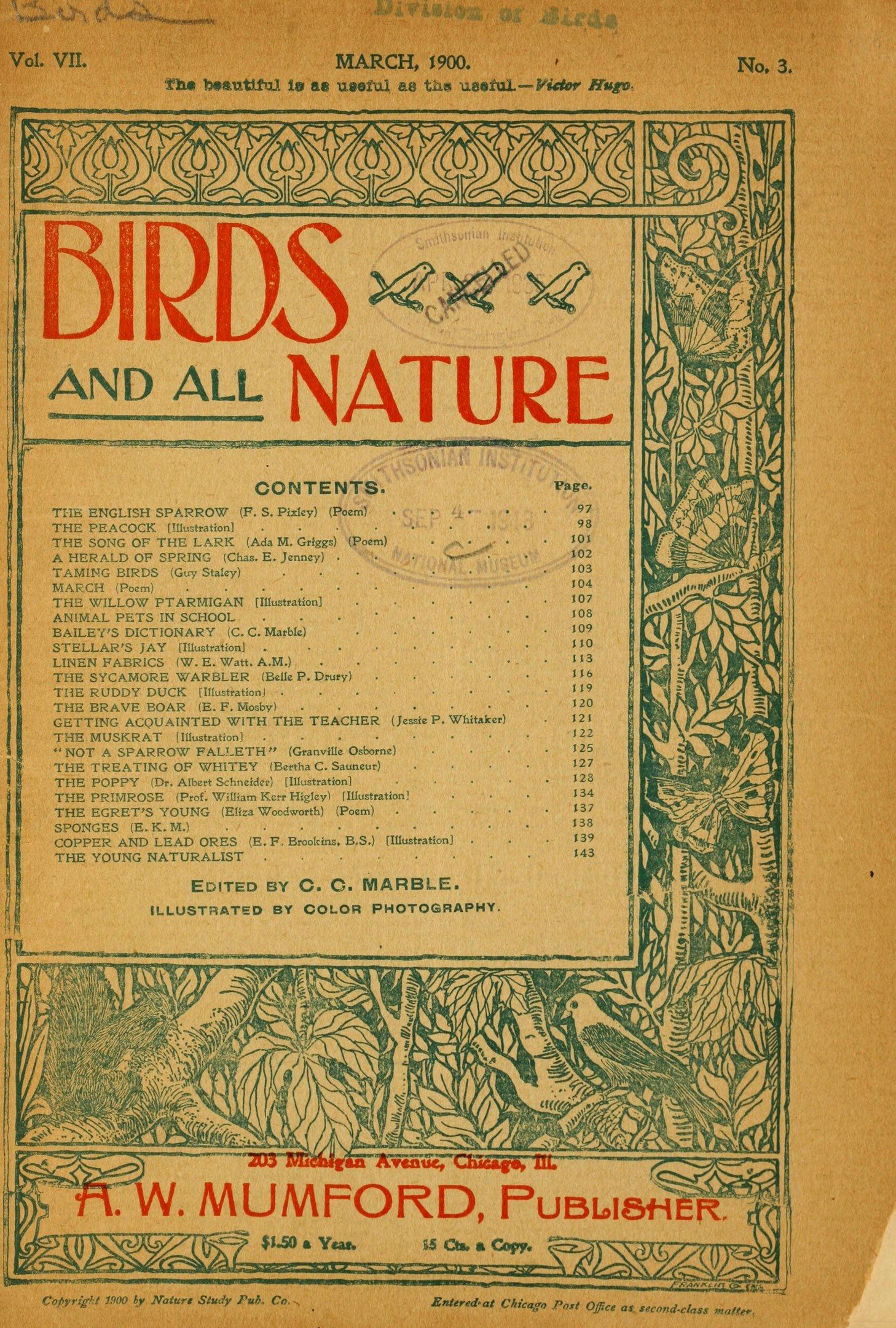 The image shows an old book with the title "Birds and All Nature" printed on the cover. The book is...