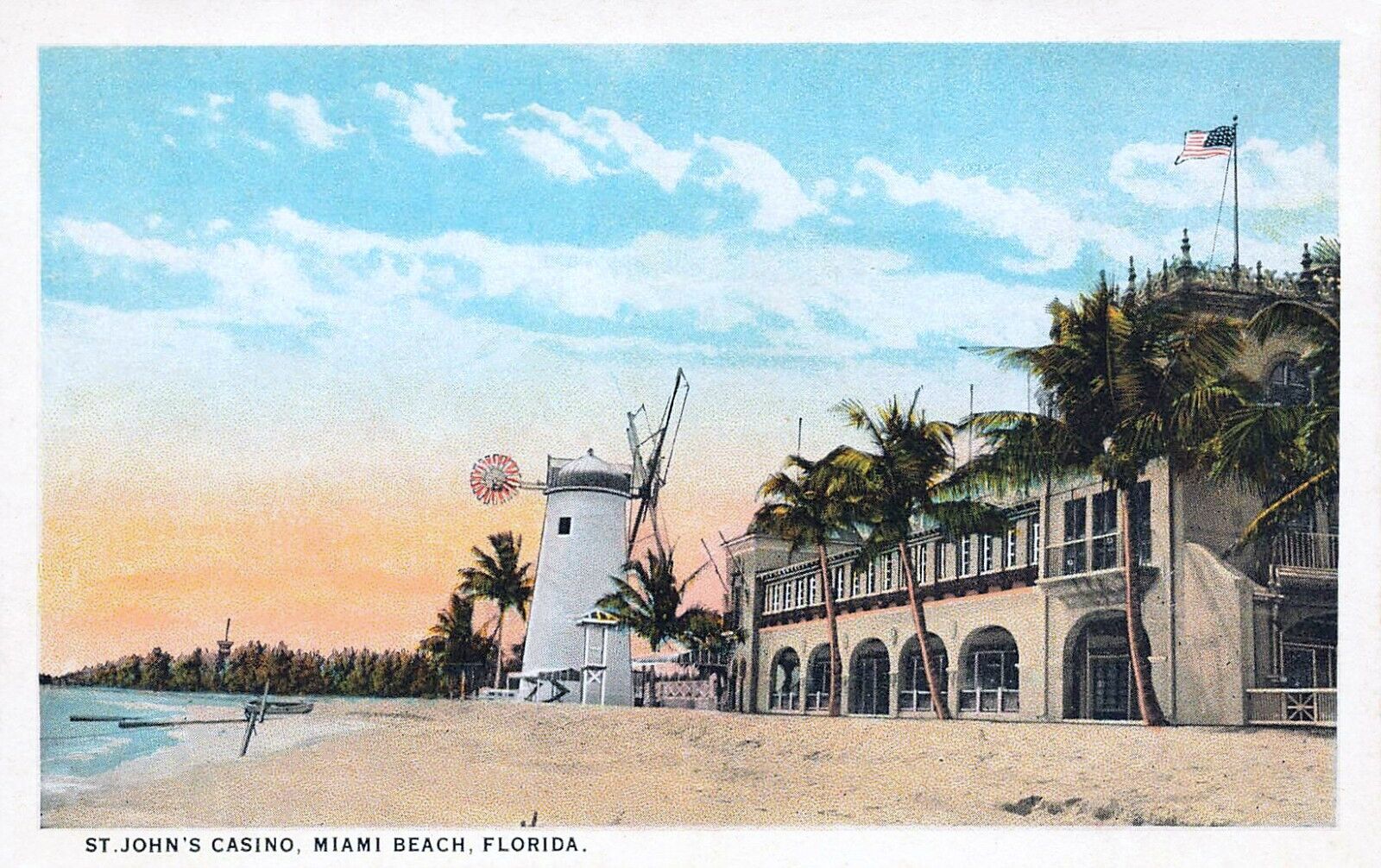 The image shows St. John's Casino in Miami Beach, Florida, with a building on the right side, a...
