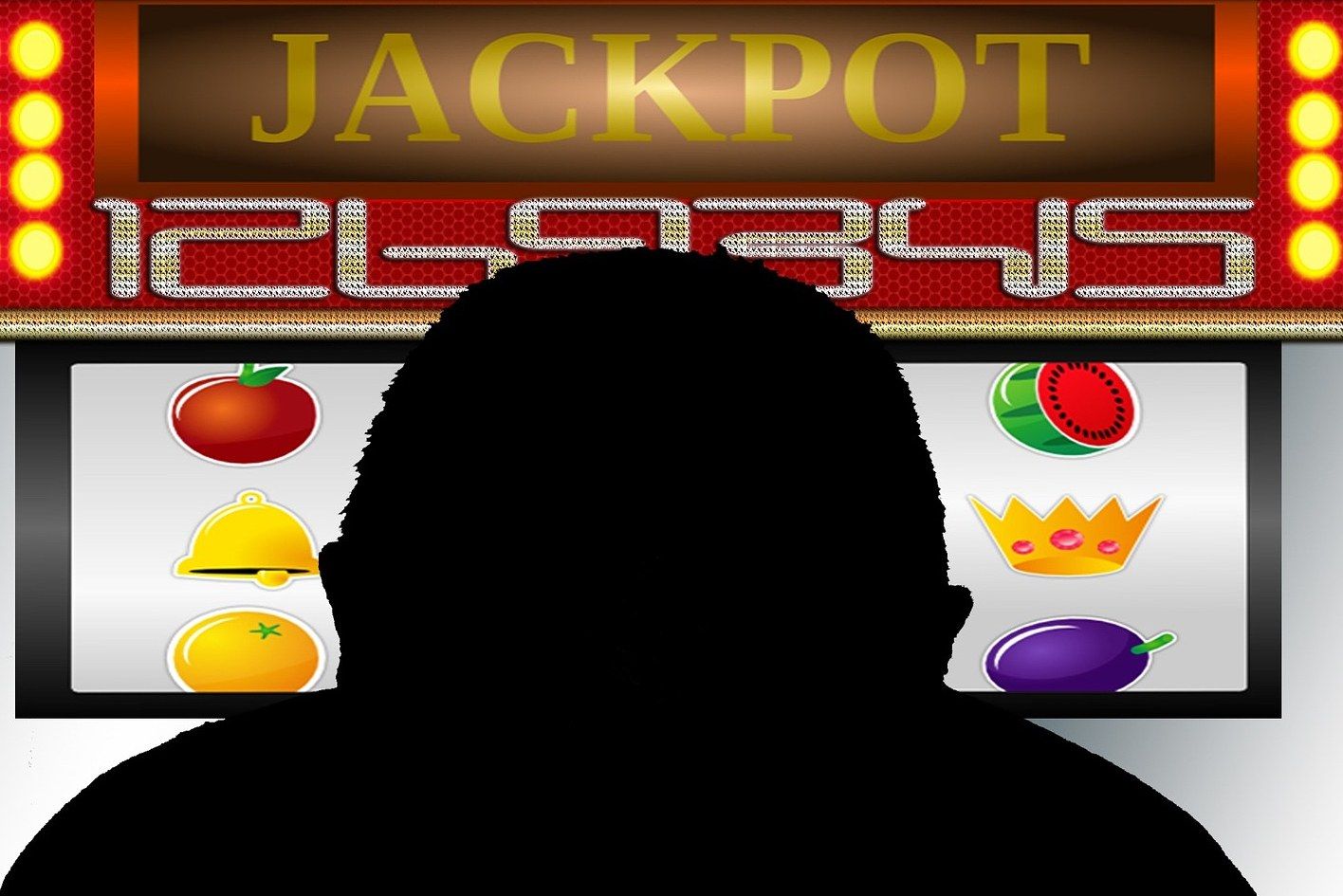 The image shows a man playing a slot machine with the words "Jackpot" on it. He is surrounded by a...