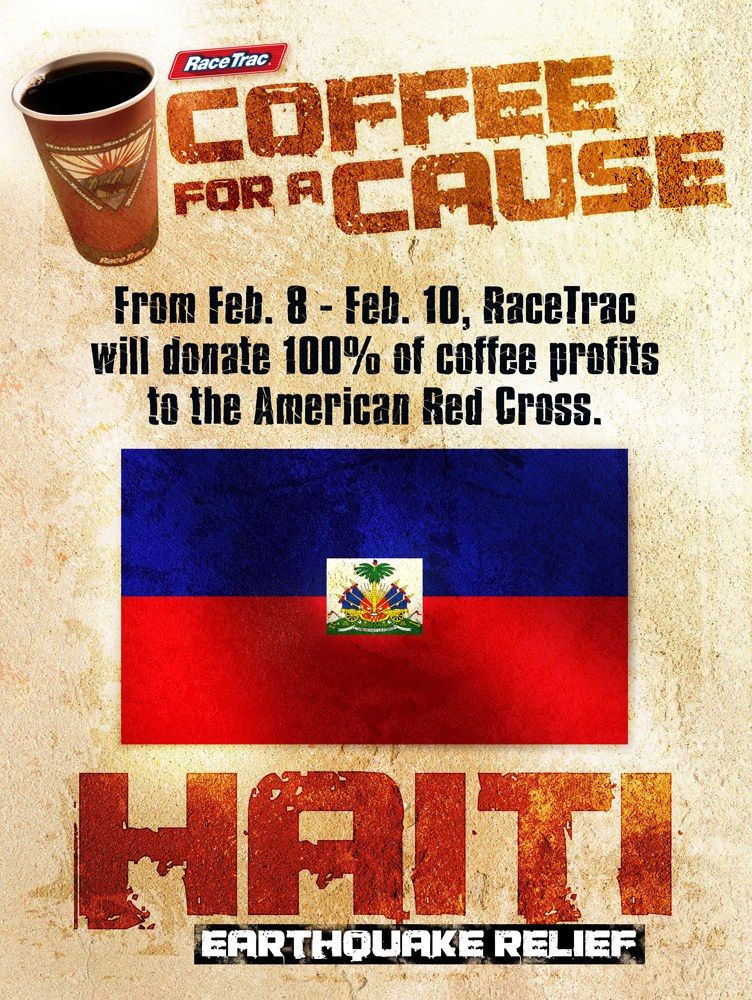 The image shows a poster with a cup of coffee in the center, surrounded by a flag of Haiti. The...