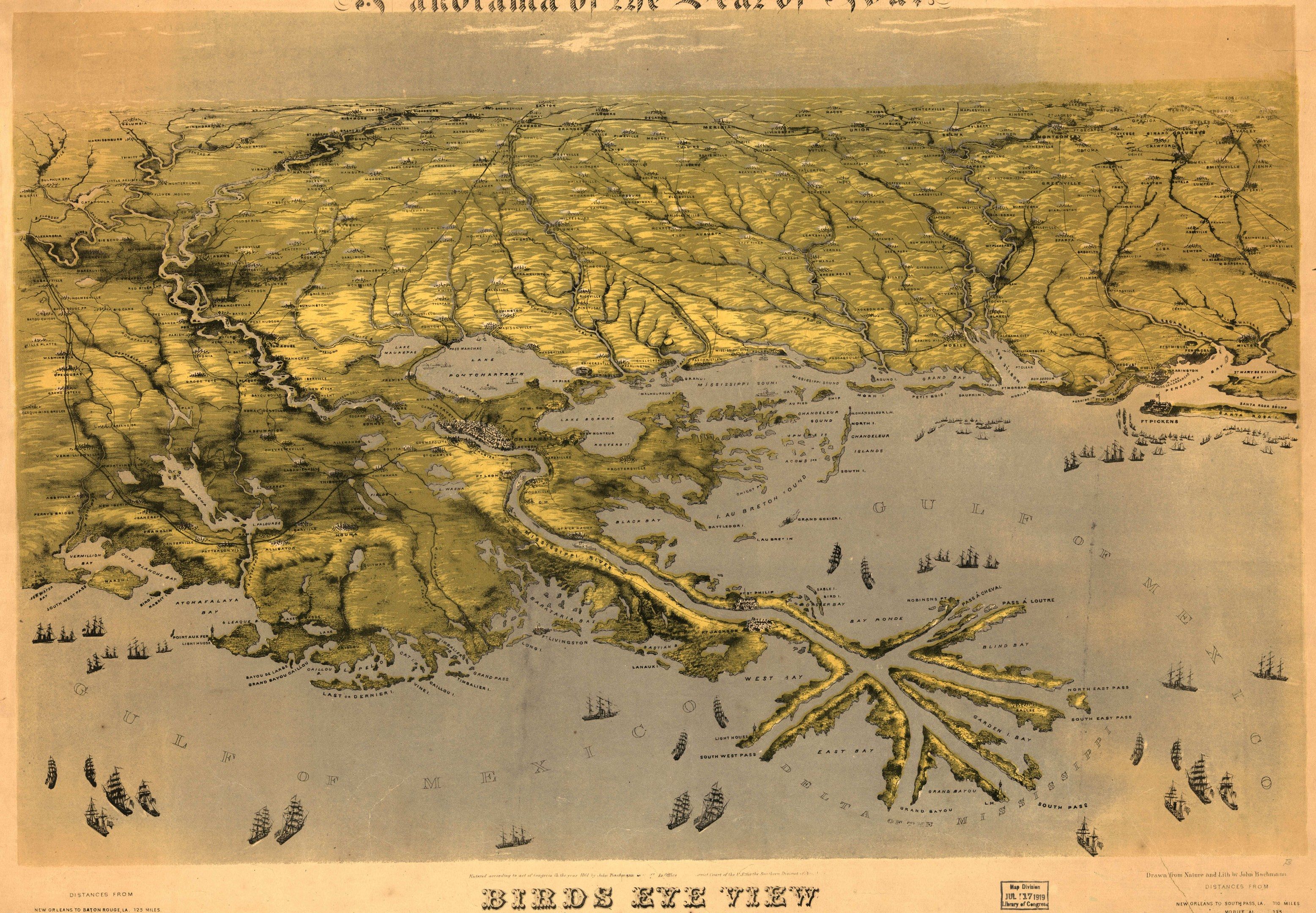 The image shows an old map of the state of Florida, with birds eye view of the area. The paper has...
