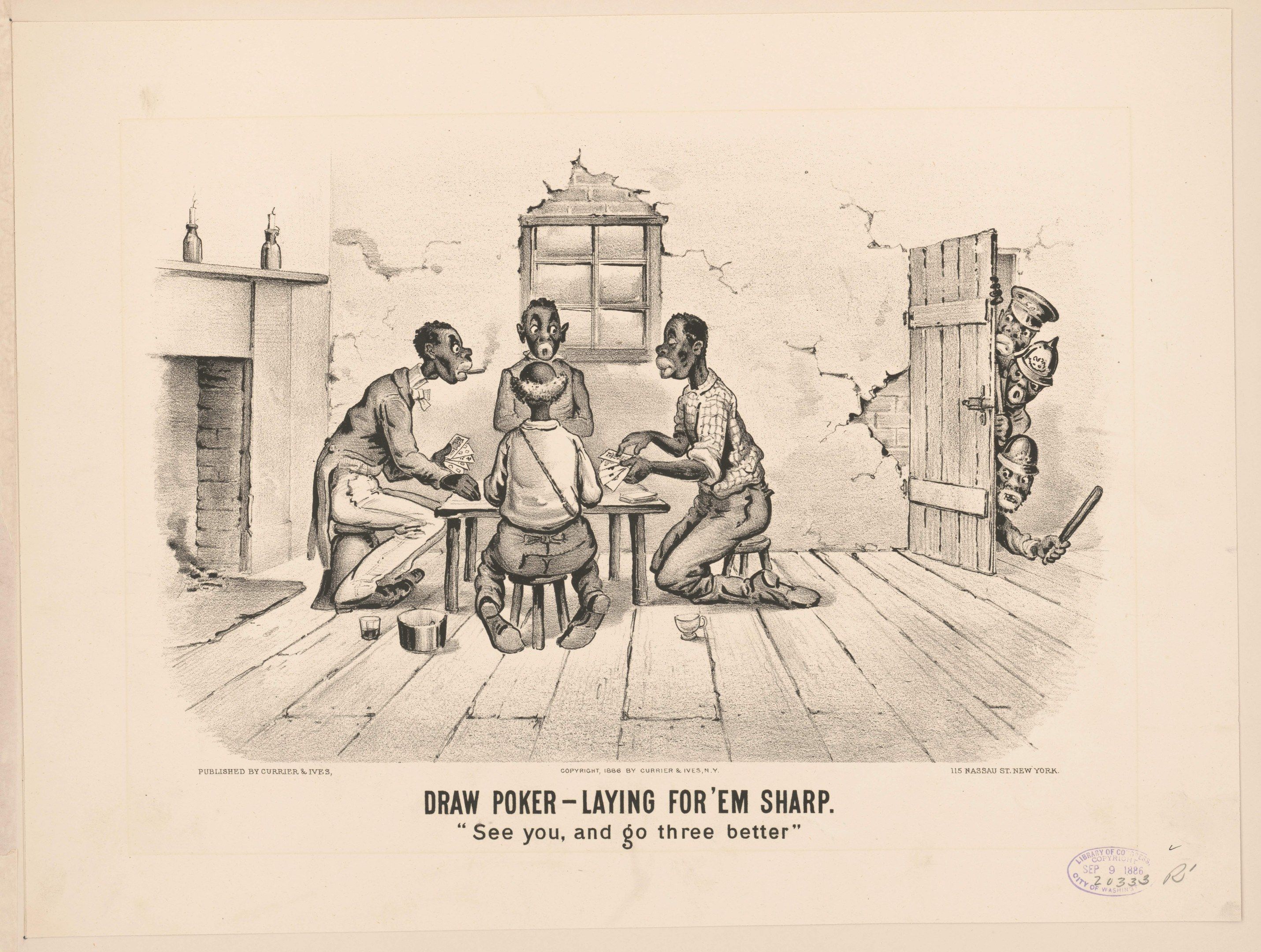 The image shows a group of people sitting around a table playing poker, with a wall, window, door,...