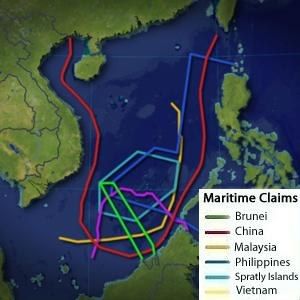 The image shows a map of the world with different colored lines representing the maritime claims of...