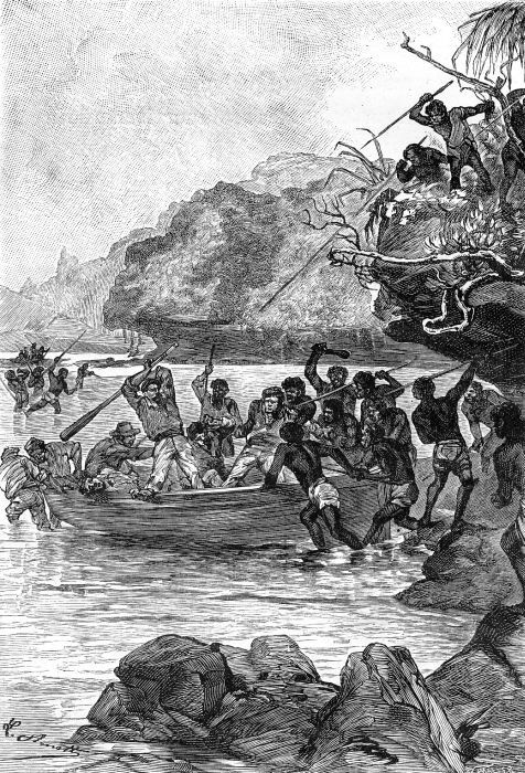 The image shows a black and white illustration of a group of people in a boat on a river,...