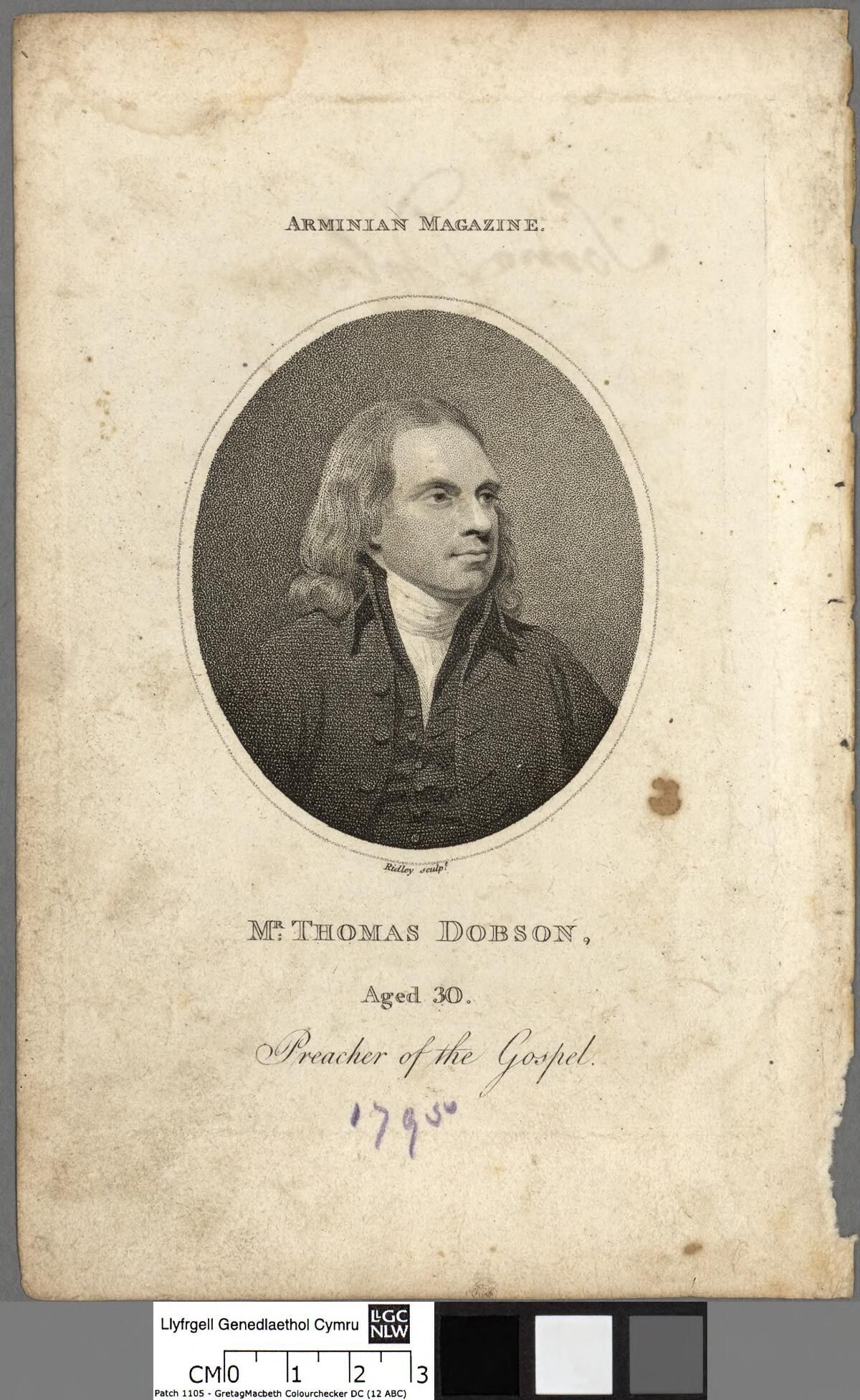 The image shows a portrait of Mr. Thomas Dobson, a preacher of the gospel, on a piece of paper with...