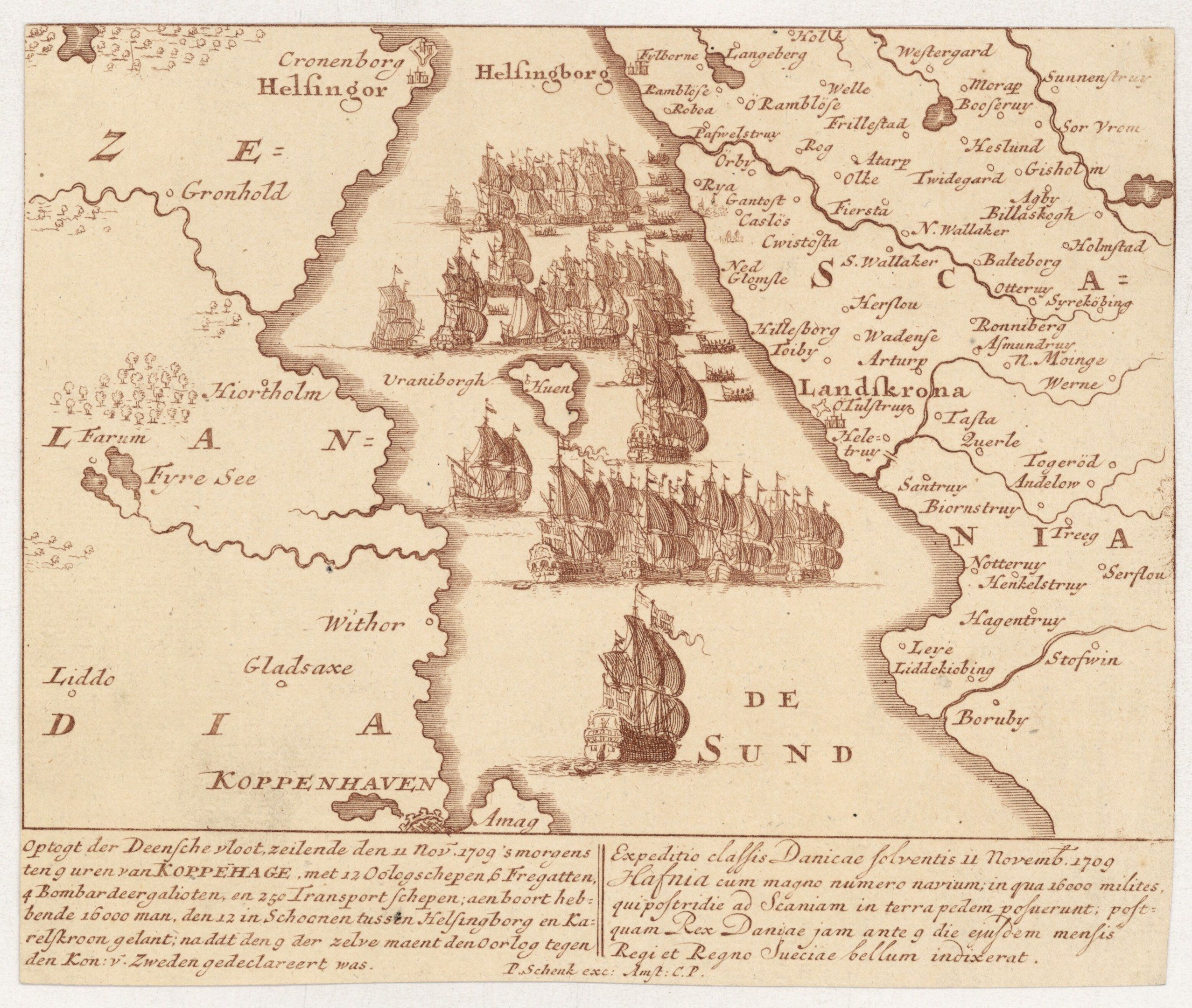 The image shows an old map of the Netherlands with ships in the middle of it. The paper has text...