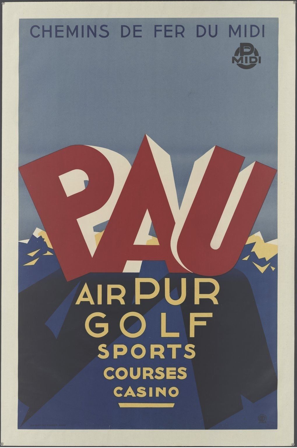 The image shows a poster advertising the Pau Air Pur Golf Sports Courses Casino. The poster has...