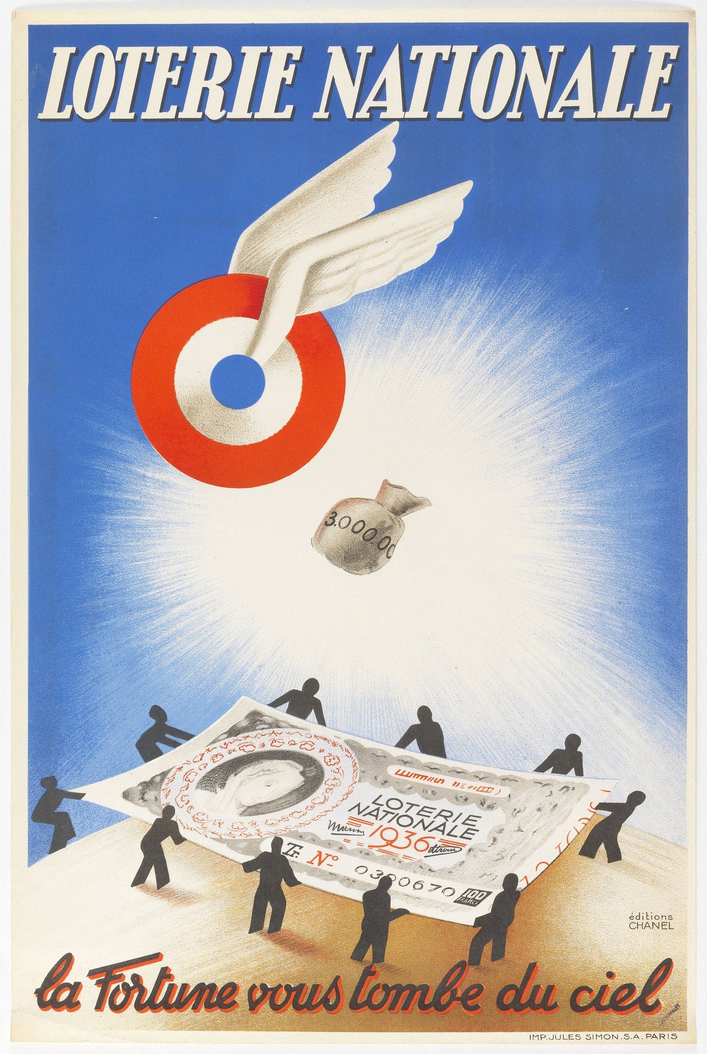 The image shows a poster advertising a lottery nationale with a picture of a bird flying over a...
