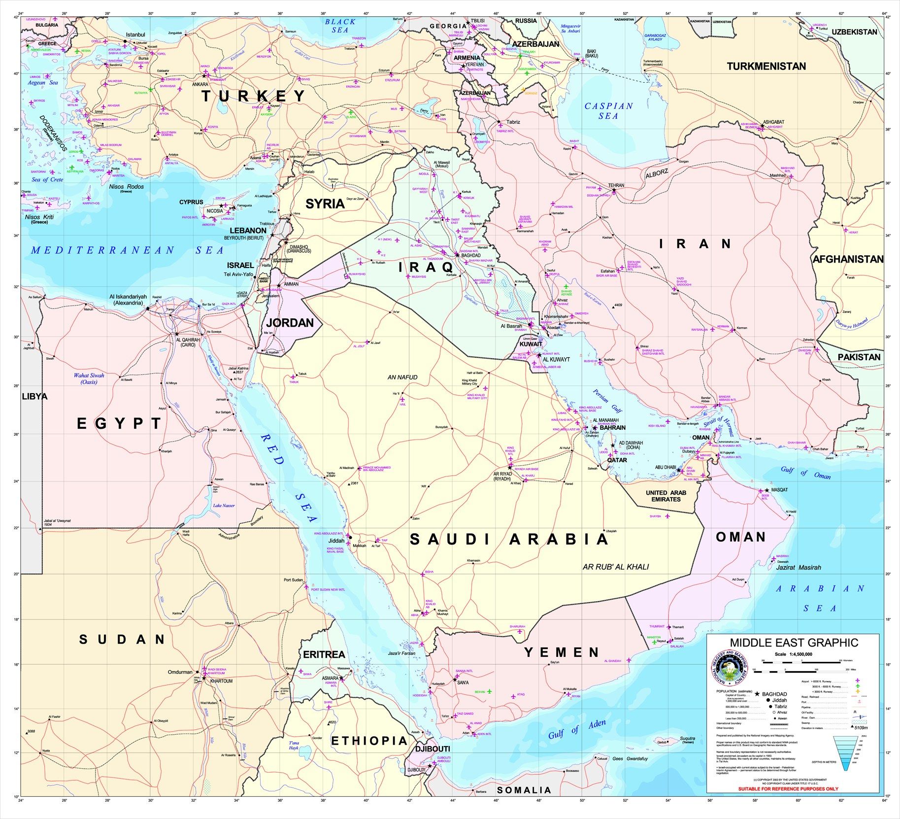 The image shows a large detailed political map of the Middle East, with countries and their...