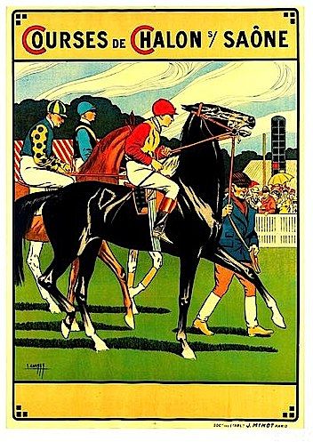 The image shows a poster advertising a horse race with jockeys on horses, surrounded by a crowd of...