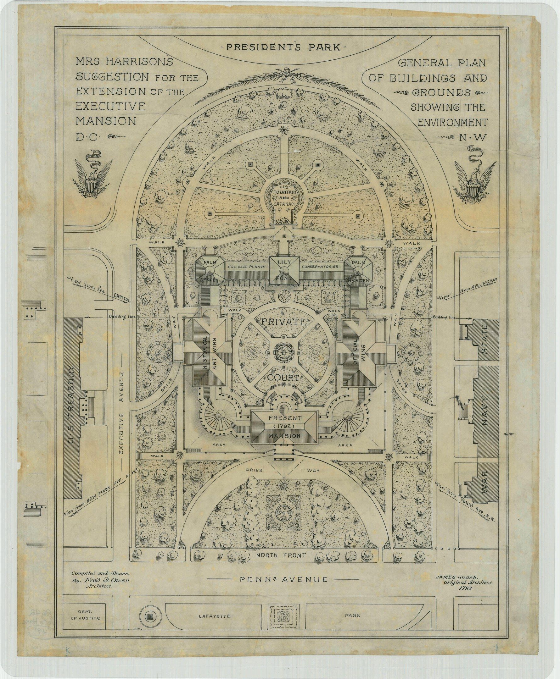 The image shows a map of the President's Park in Washington, D.C. with text detailing the plan of...
