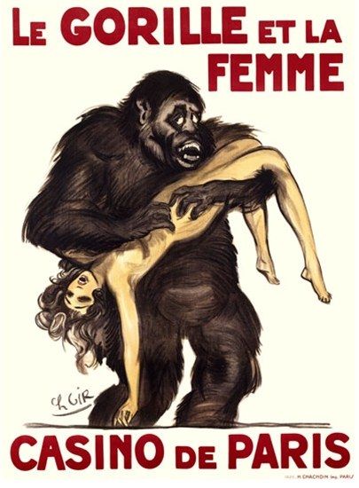 The image shows a poster advertising a casino in Paris featuring a gorilla and a woman. The poster...