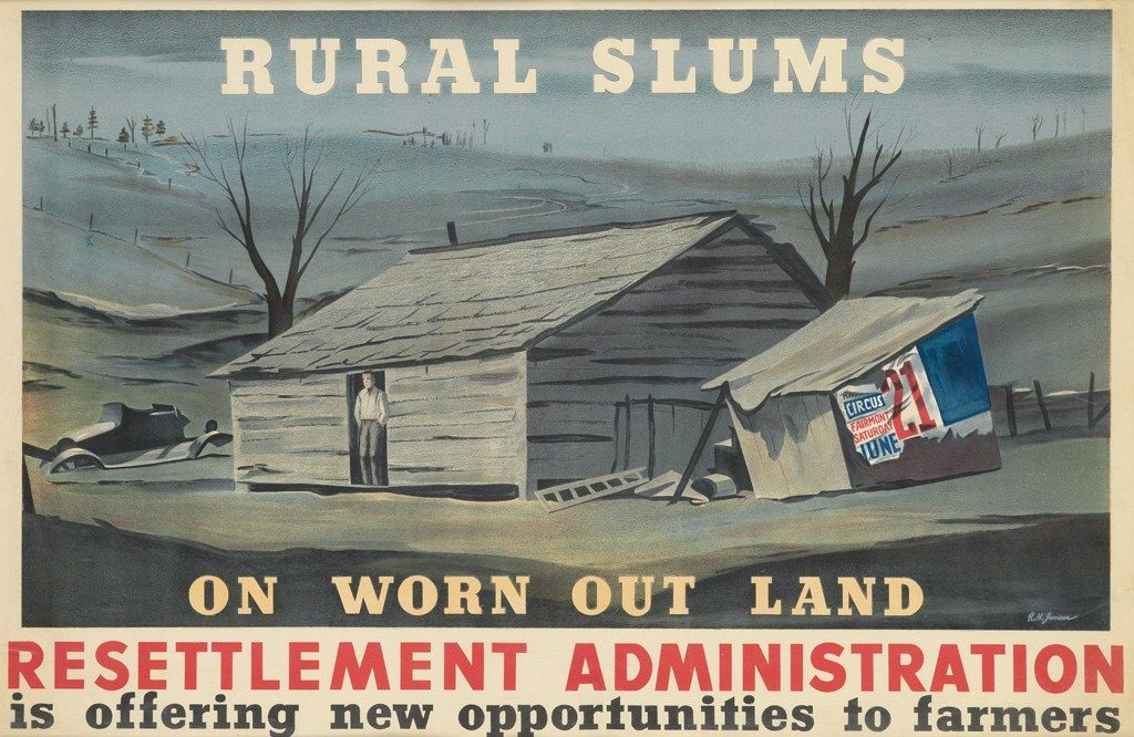 The image shows a poster with text that reads "Rural Slums on Worn Out Land - Resettlement...