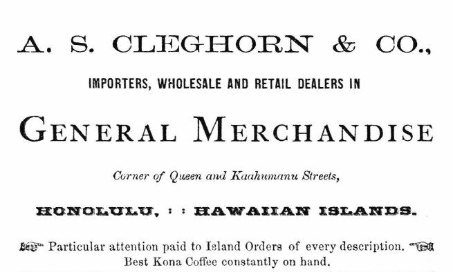 The image shows a black and white paper with the text "A.S. Cleghorn & Co. Importers, Wholesale and...