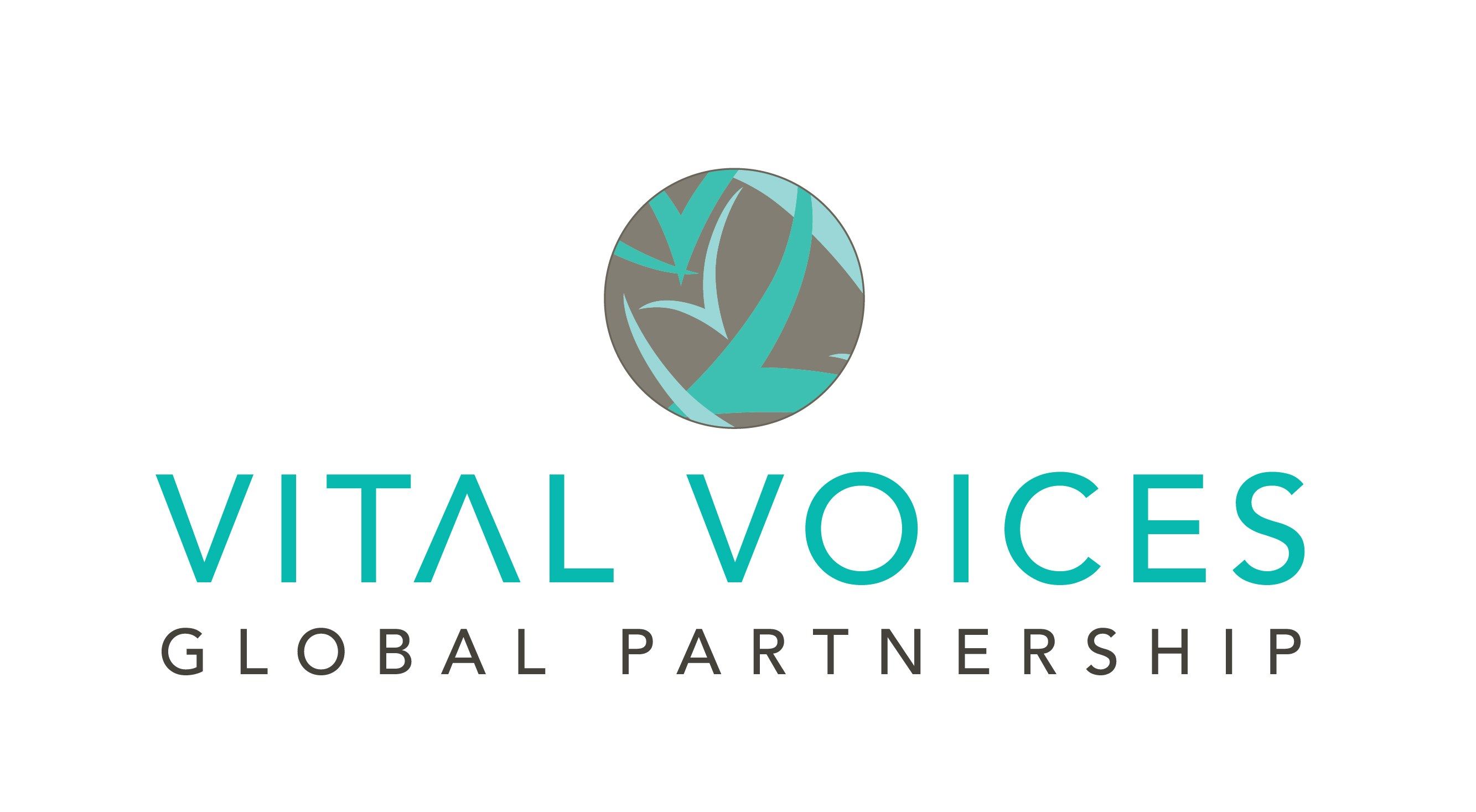 The image shows a logo with the words "Vital Voices Global Partnership" written in bold, black font...