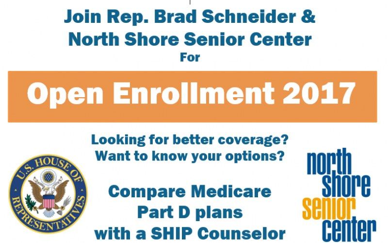 The image shows a poster with the text "Join Rep. Brad Schneider & North Shore Senior Center for...