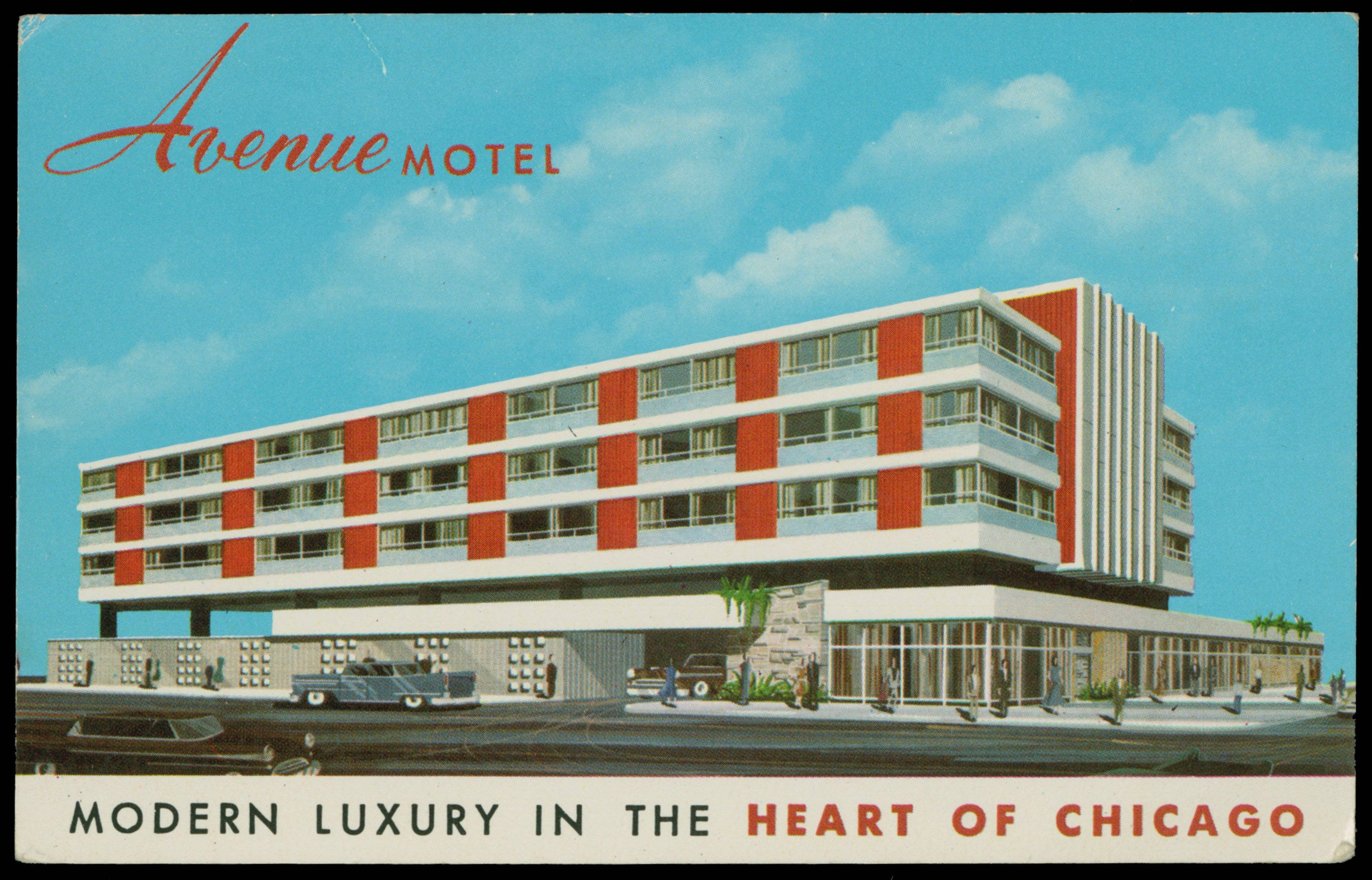 The image shows a modern luxury hotel in the heart of Chicago, with a poster of the building,...