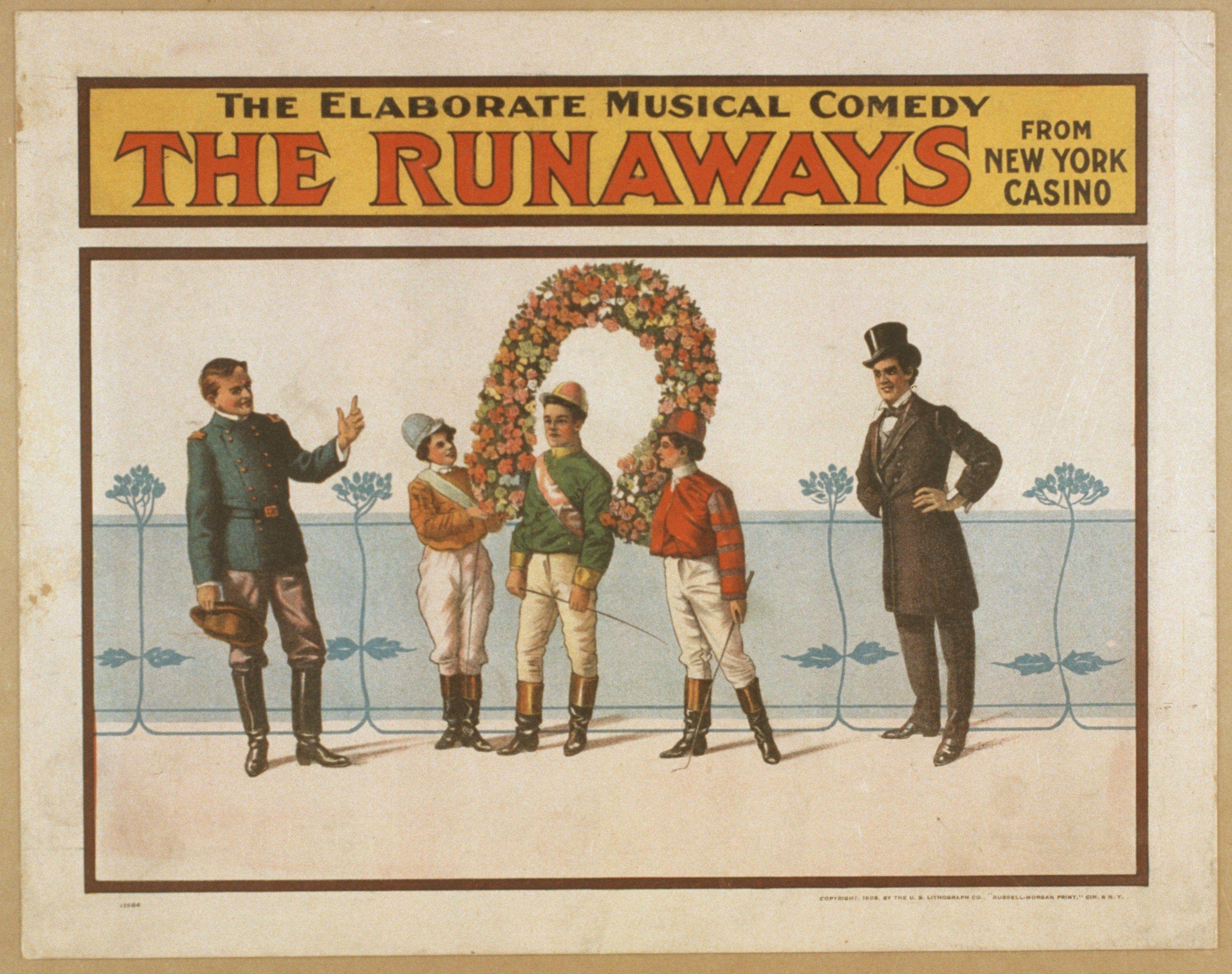 The image shows a poster of the Elaborate Musical Comedy Runaways from New York Casino. It features...