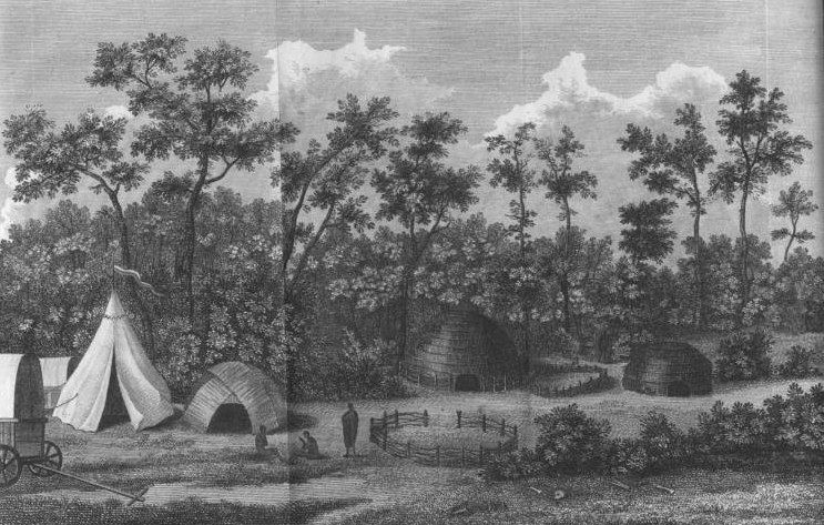 The image shows a black and white drawing of a group of tents in a wooded area, with a cart on the...