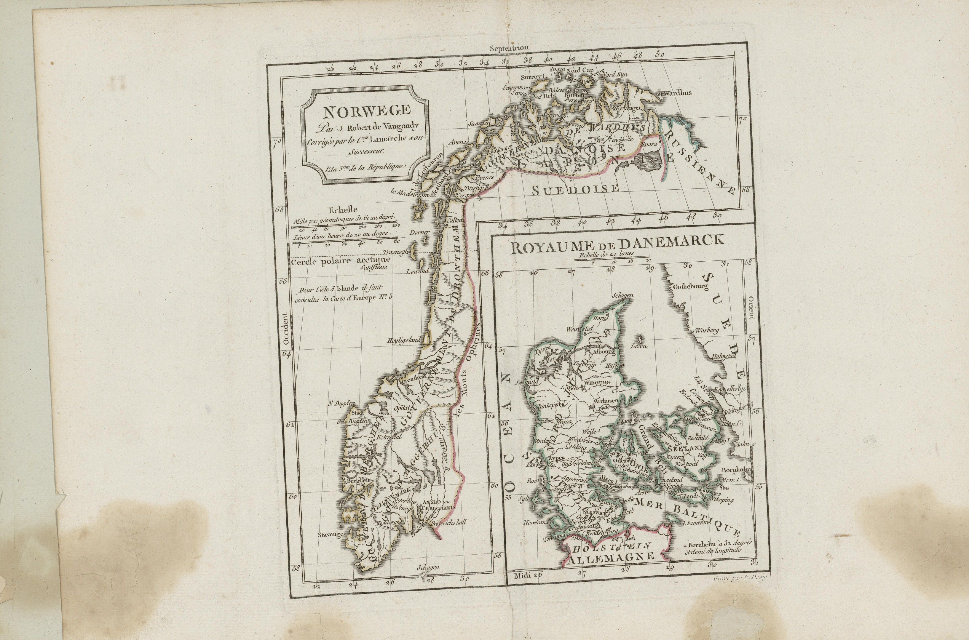 The image shows an old book with a map of Norway on it. The map is detailed and shows the various...