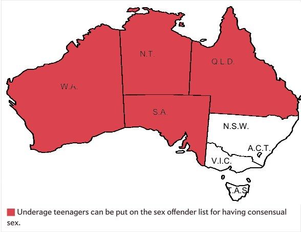 The image shows a map of Australia with red areas indicating the percentage of underage teenagers...