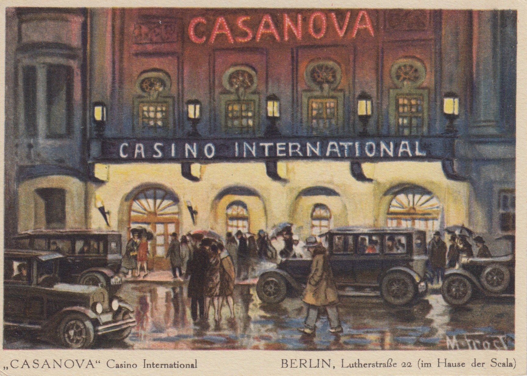 The image shows a painting of the Casanova Casino International in Berlin, Germany. It depicts a...