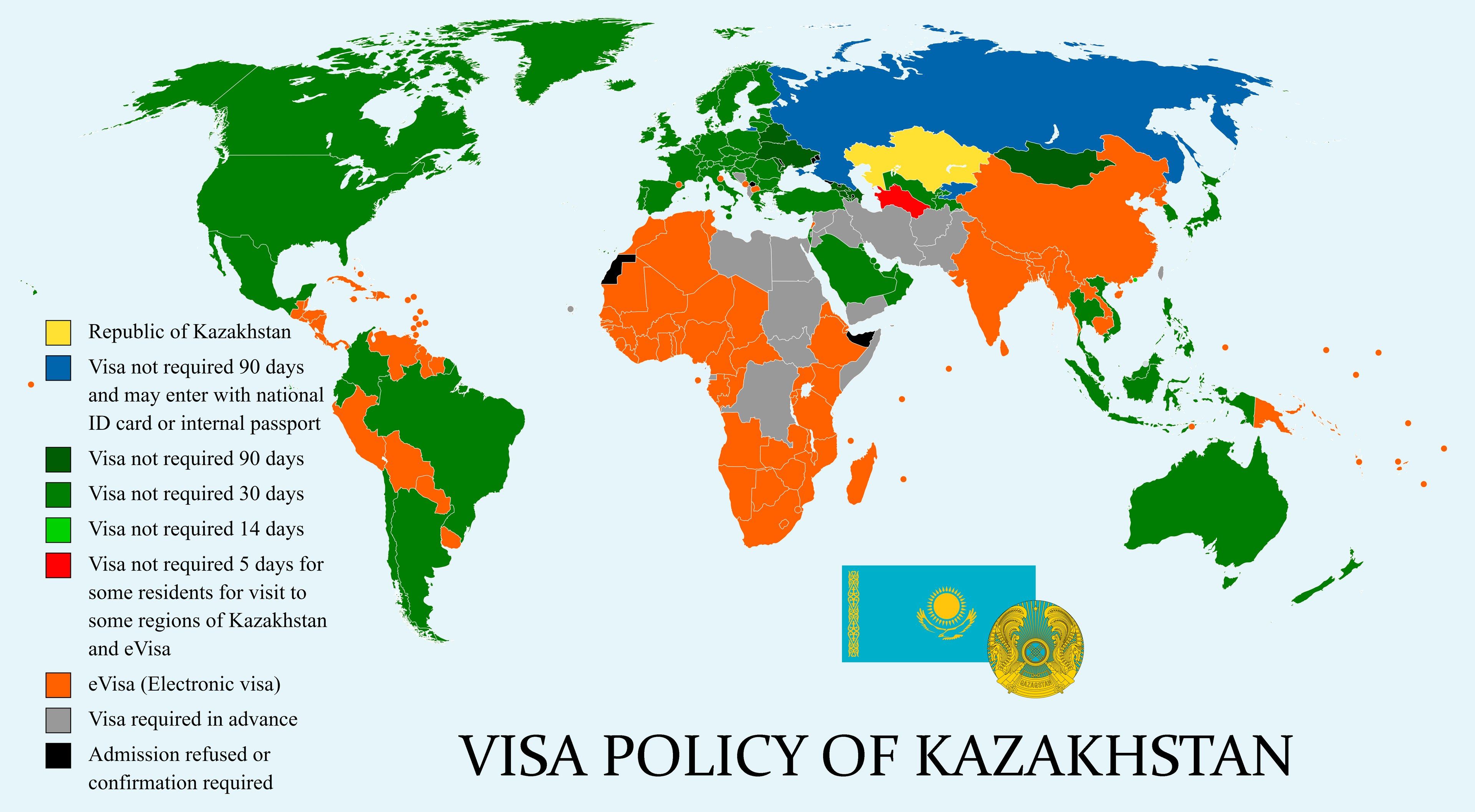 The image shows a map of the world with different colors representing the visa policy of...