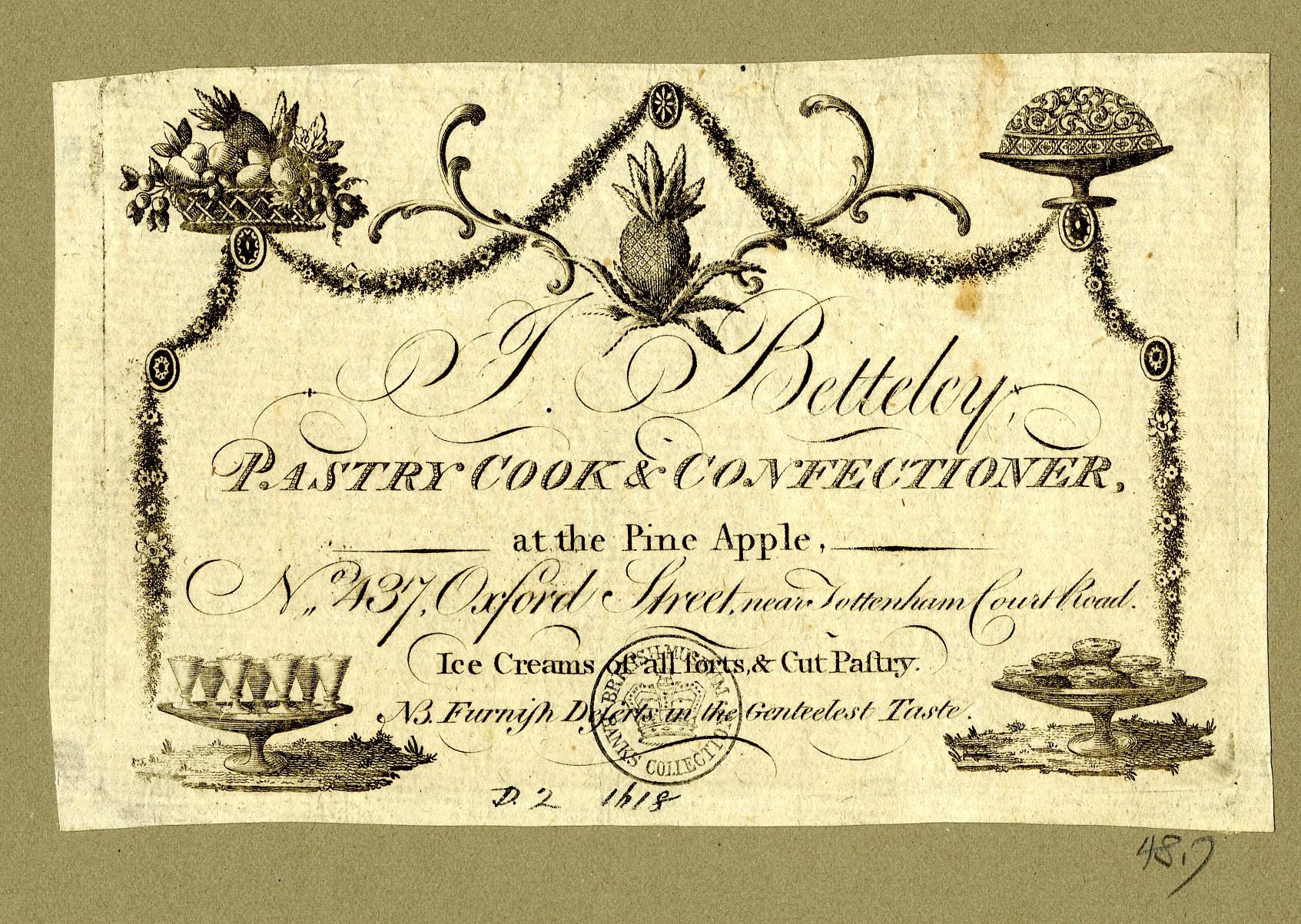 The image shows an old advertisement for a pastry cook and confectioner, featuring a paper with...