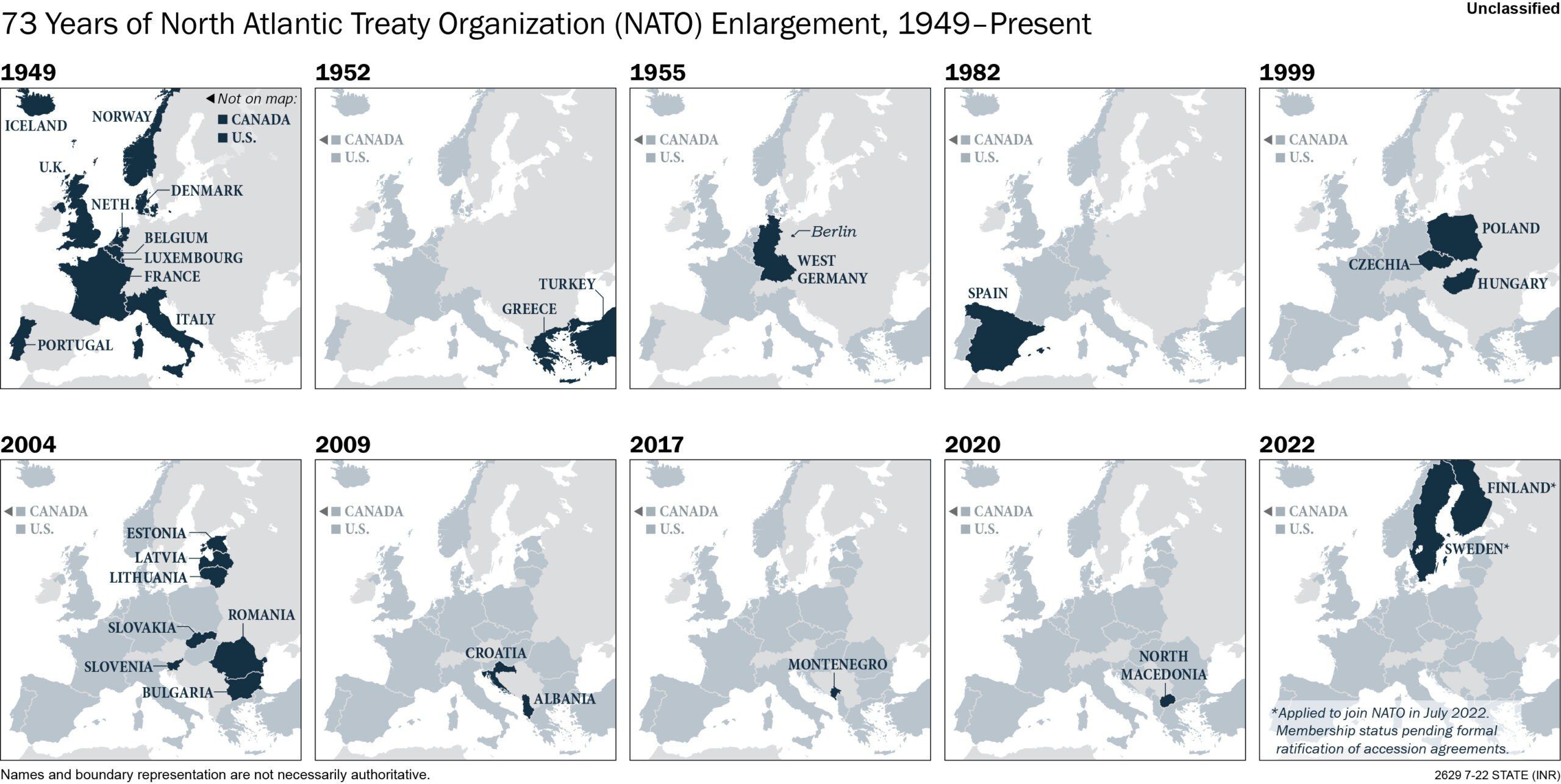 The image shows a map of the 73 years of the North Atlantic Treaty Organization (NATO) enlargement...