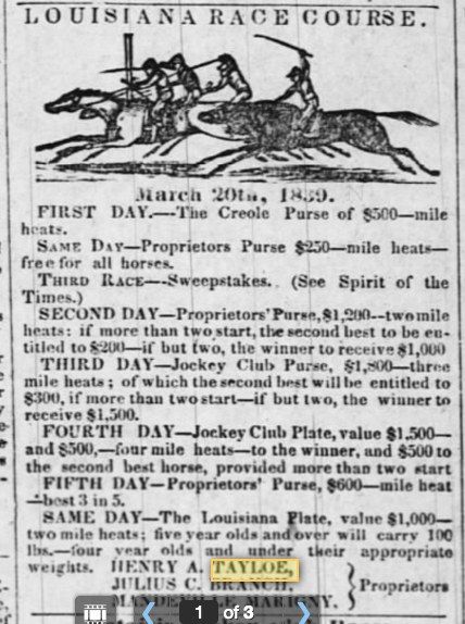The image shows a newspaper advertisement for the Louisiana Race Course, featuring a picture of a...