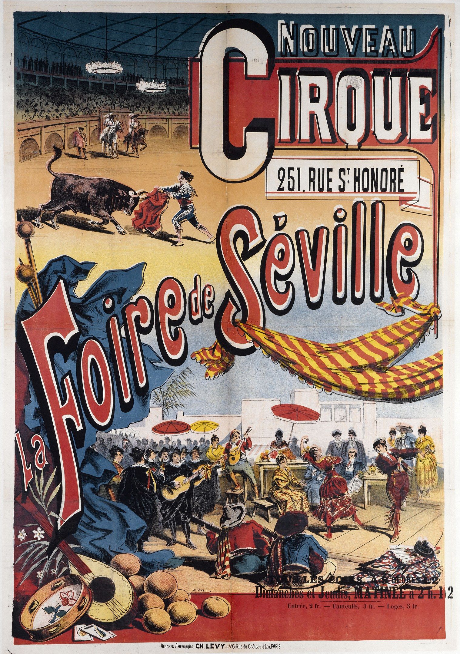 The image shows a poster advertising a circus in Seville, Spain. It features a group of people,...