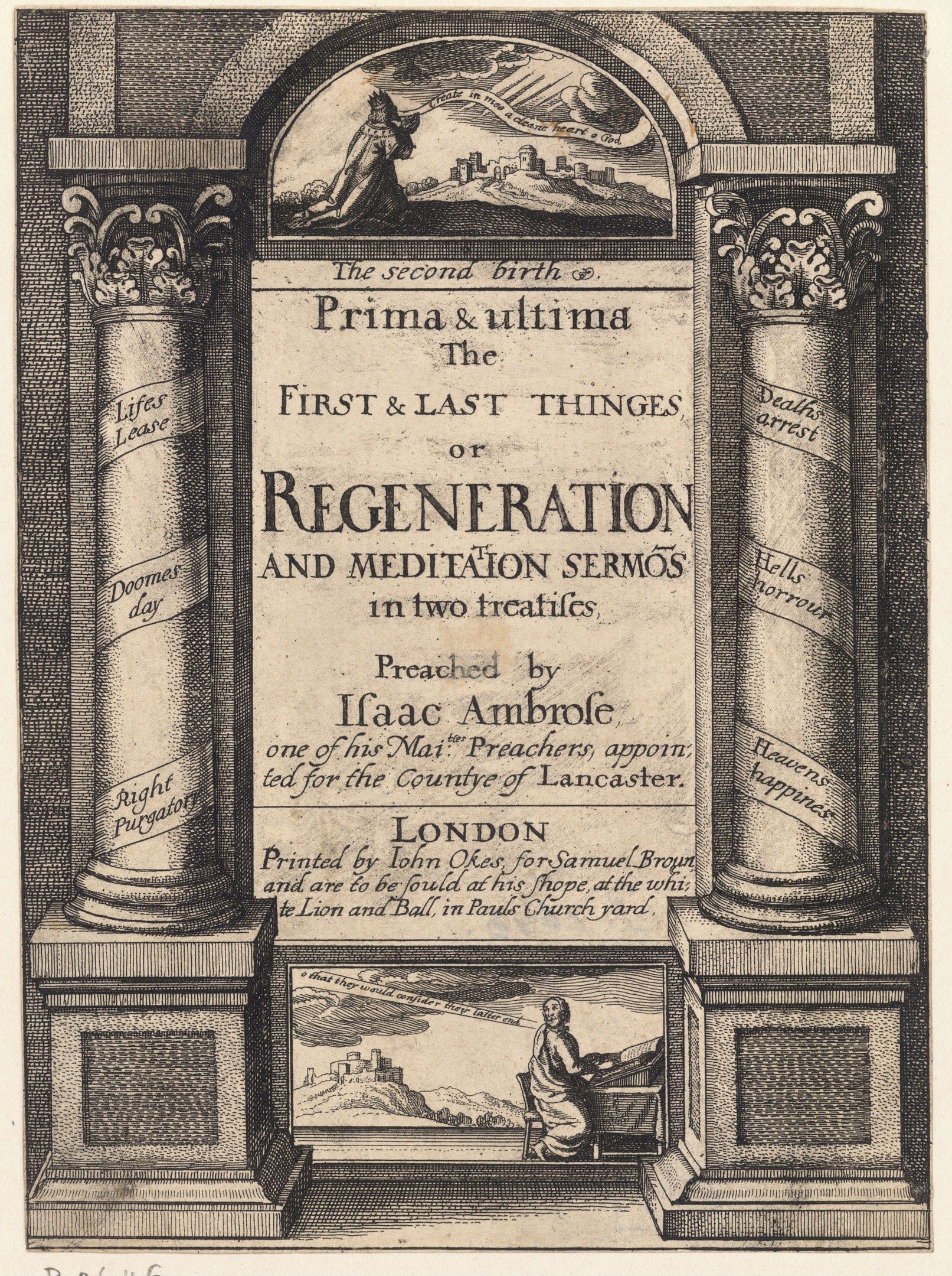 The image shows a poster with text and pillars, depicting the first and last things of regeneration...