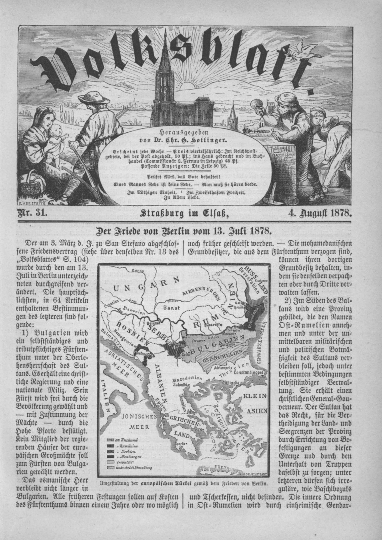 The image shows an old book with a map of Germany on it, featuring a few people and text. The...