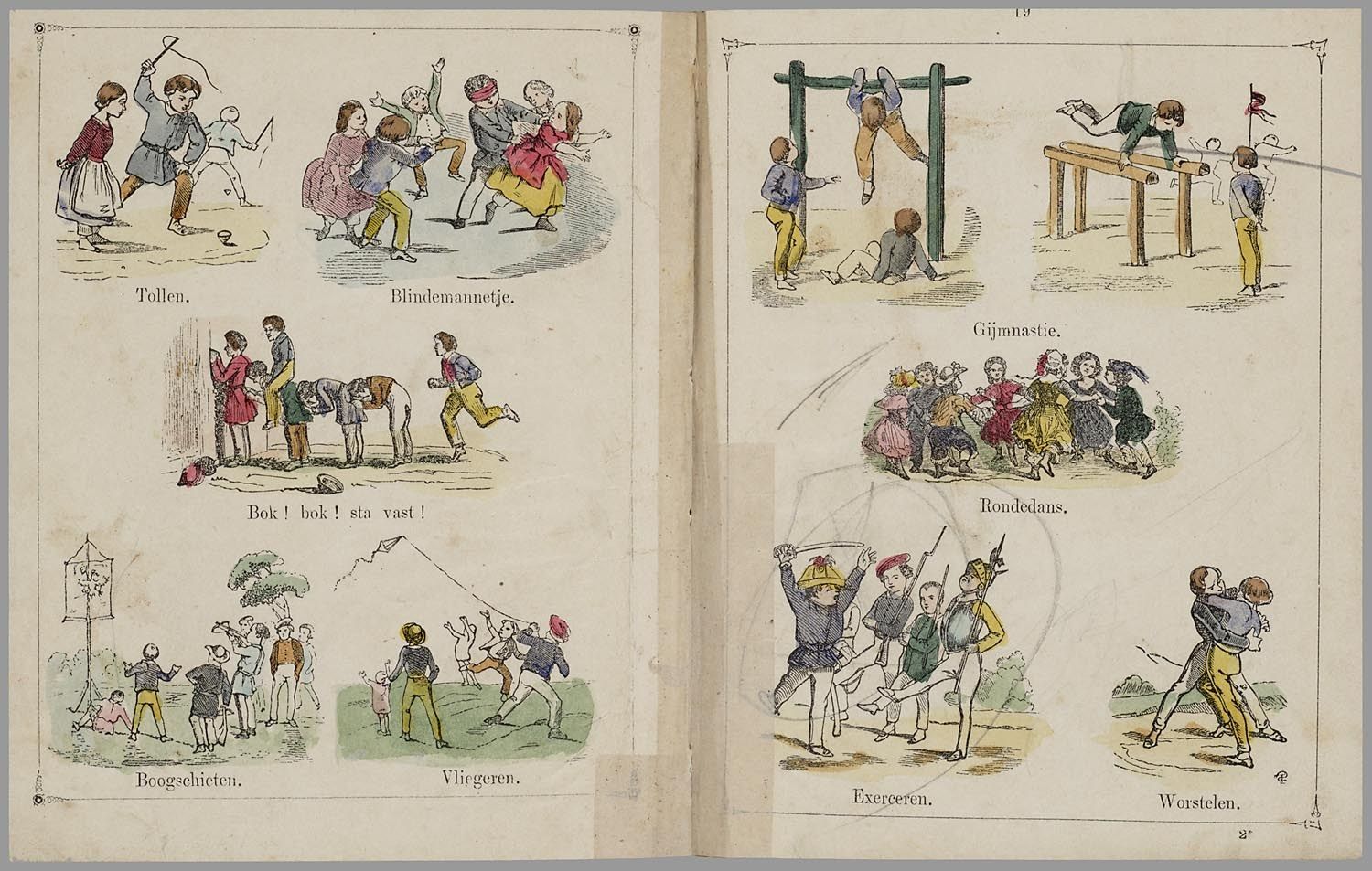 The image shows an open book with illustrations of people playing various sports, such as running,...