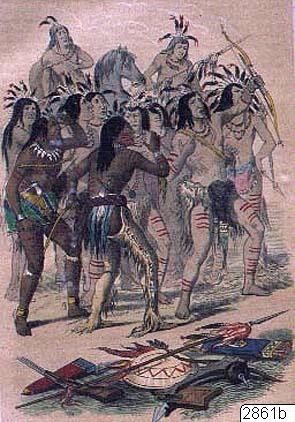 The image shows a painting of a group of Native American Indians on horseback, engaged in a battle....