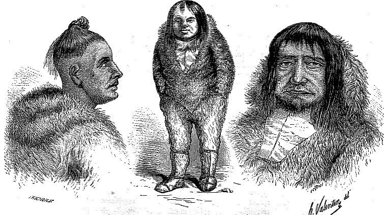 The image shows a black and white drawing of three Native American Indians standing next to each...