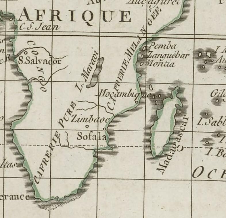 The image shows an old map of Africa with the provinces of South Africa highlighted. The paper has...